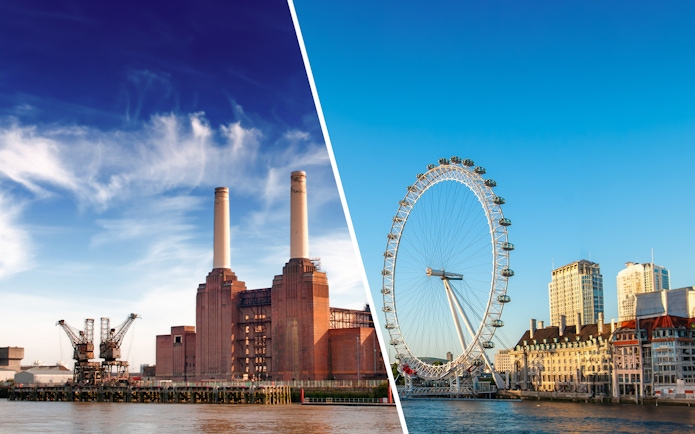 Battersea Power Station and London Eye on a sunny day in London.