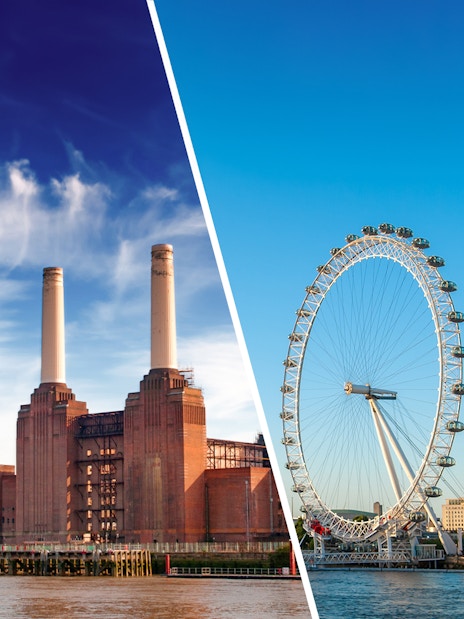 Battersea Power Station and London Eye on a sunny day in London.