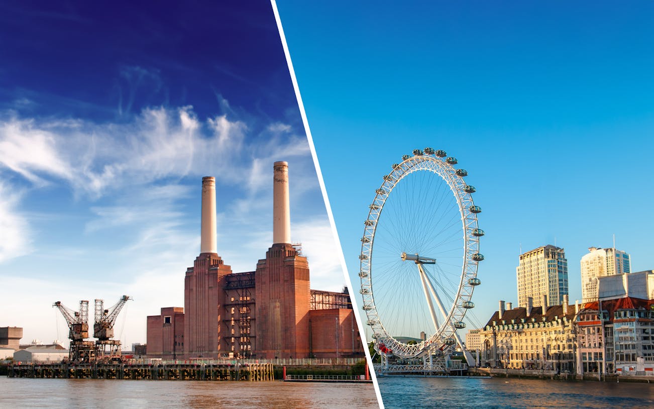 Battersea Power Station and London Eye on a sunny day in London.