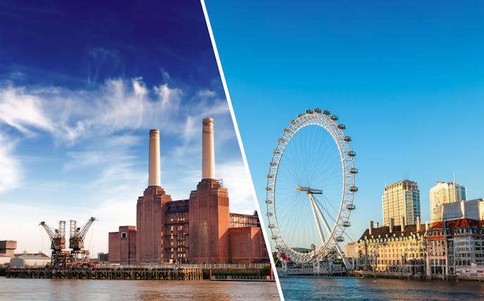 Battersea Power Station and London Eye on a sunny day in London.
