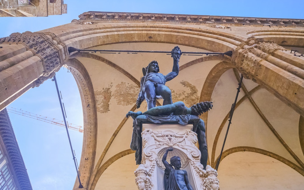 Perseus statue holding Medusa's head in Loggia dei Lanzi, Florence.