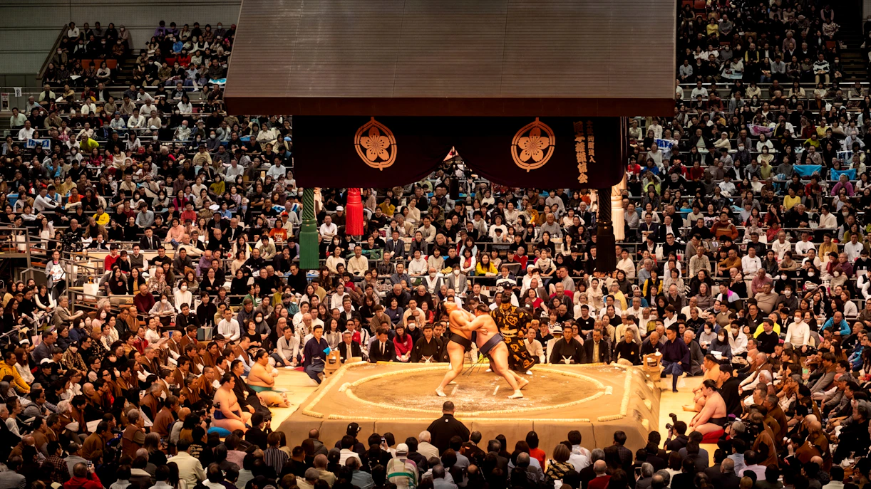 Sumo wrestlers competing in the Tokyo Grand Sumo Tournament, Sumida, Tokyo.