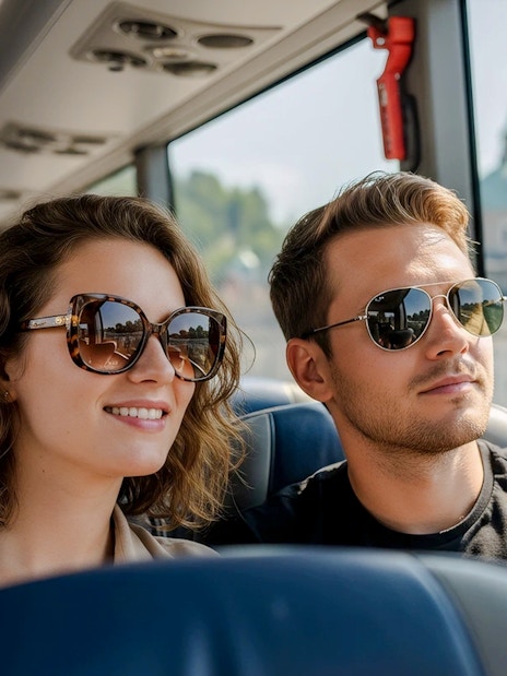 Passengers enjoying views of Salzburg from an AC coach, Austria.