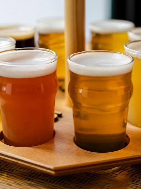 Assorted beers on a wooden tray during a tasting session in Prague brewery tour.