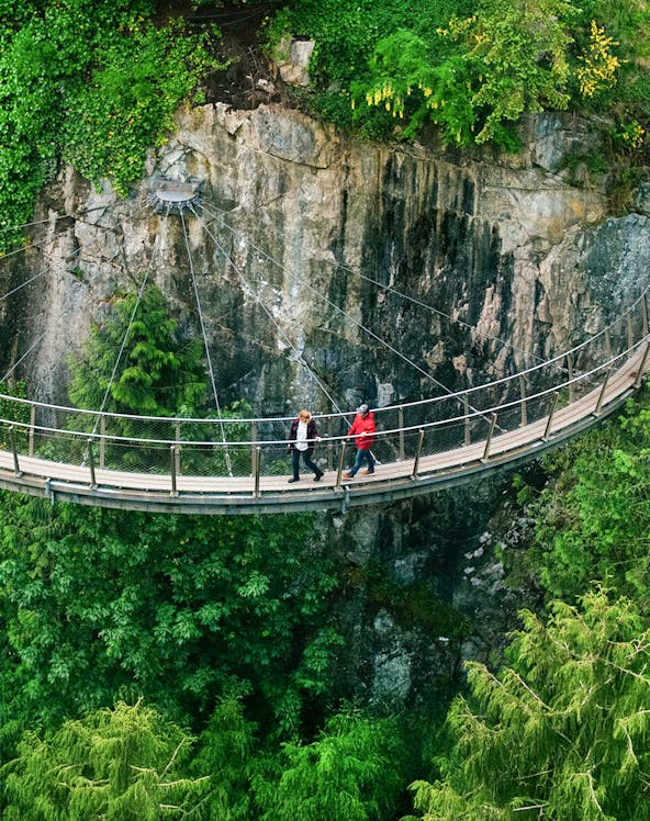 Visitors walking on Capilano Suspension Bridge, North Vancouver, surrounded by lush greenery.