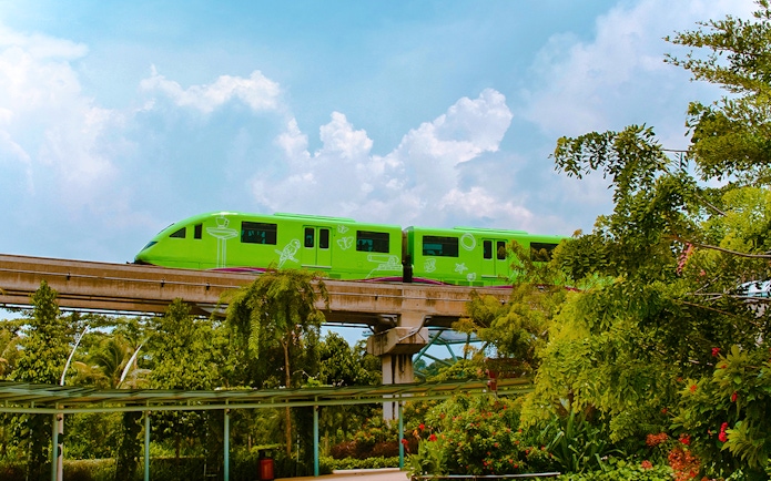 Sentosa Monorail Express traveling through lush greenery in Singapore.