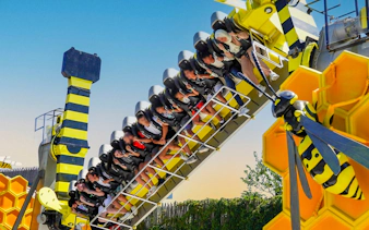 Roller coaster ride at Vialand Theme Park, Istanbul with bee-themed design.