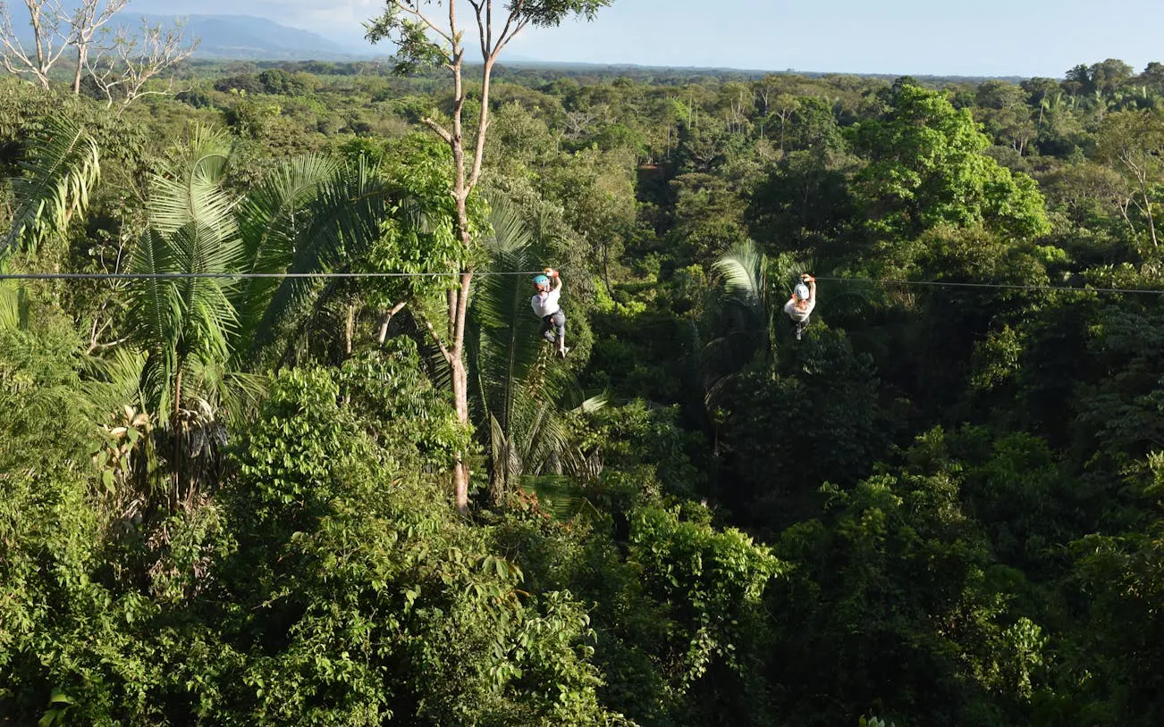 Ziplining through lush rainforest canopy near Manuel Antonio.