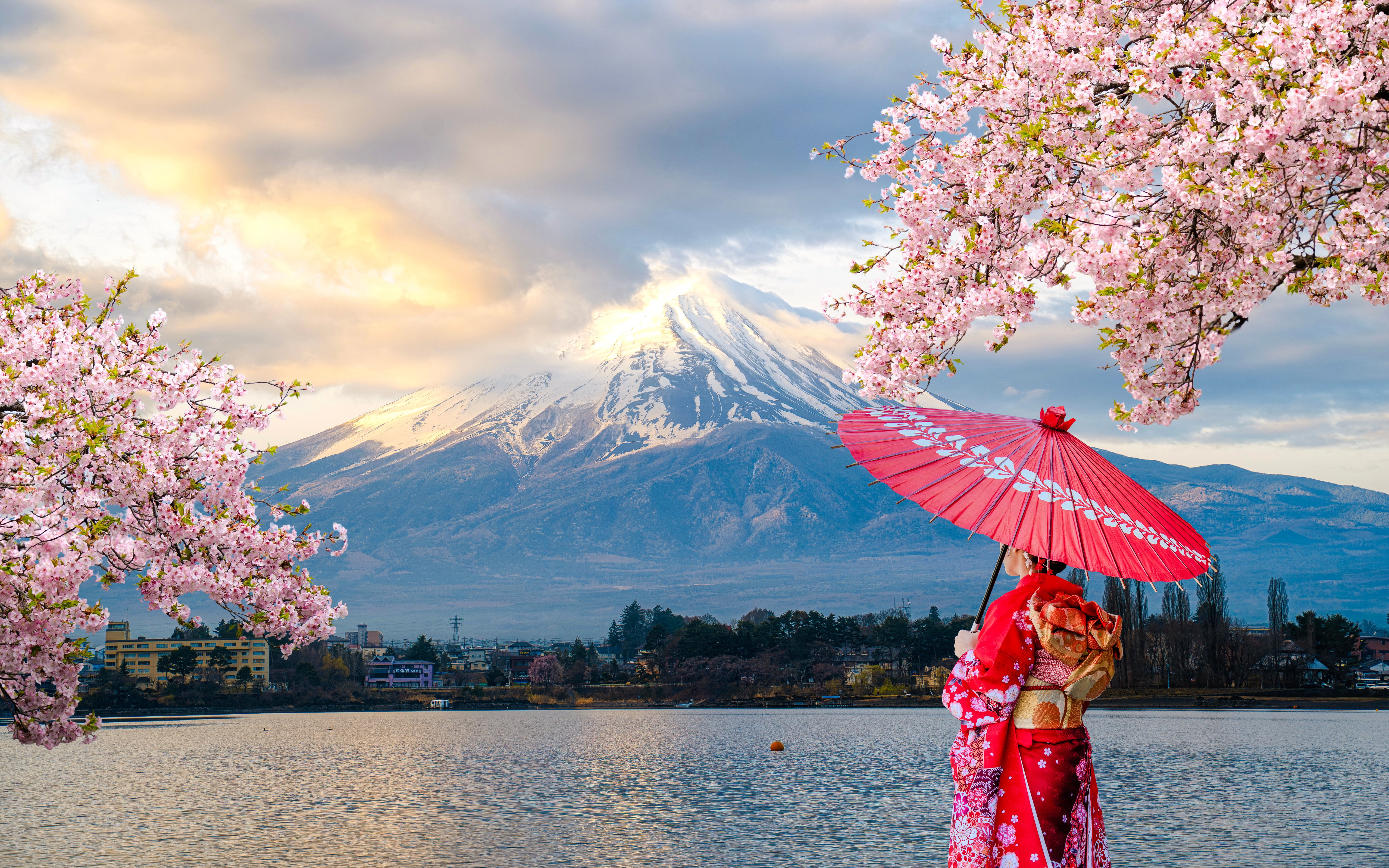 Japanese woman in kimono with umbrella by Mount Fuji and cherry blossoms.