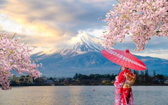 Japanese woman in kimono with umbrella by Mount Fuji and cherry blossoms.