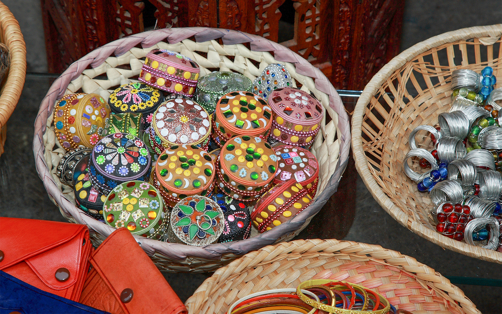 Colorful handcrafted boxes and jewelry at Granada's Silk Market.