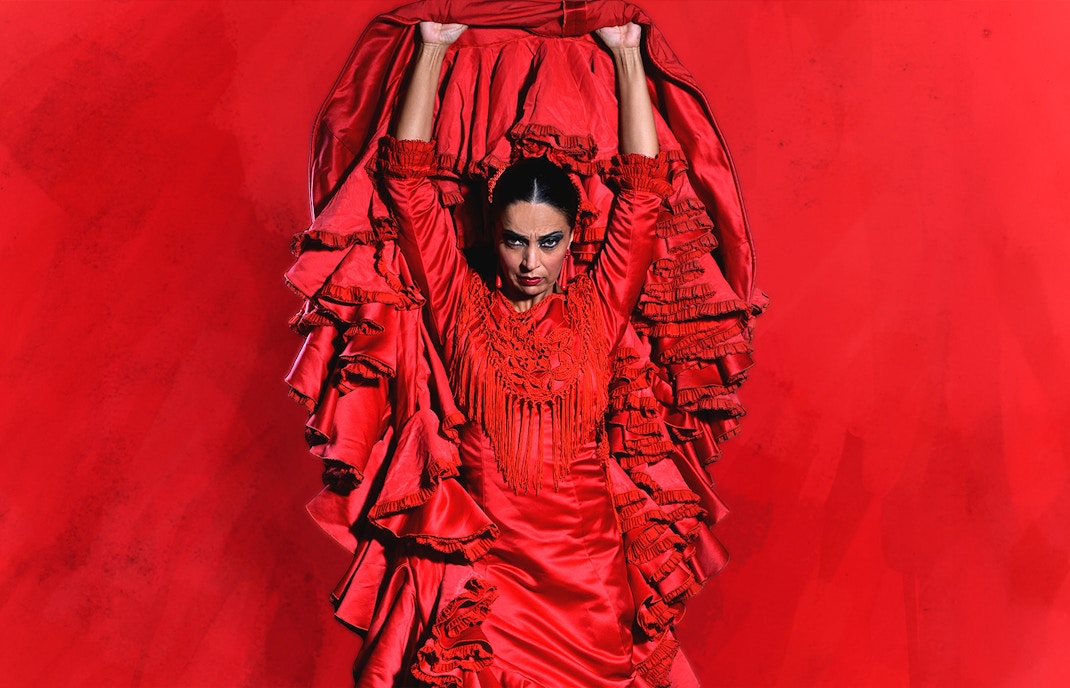 Flamenco dancer in red dress performing at Teatro Flamenco Granada.