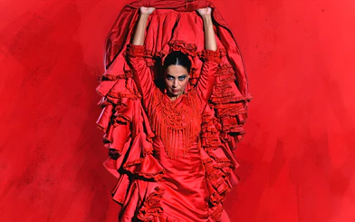 Flamenco dancer in red dress performing at Teatro Flamenco Granada.