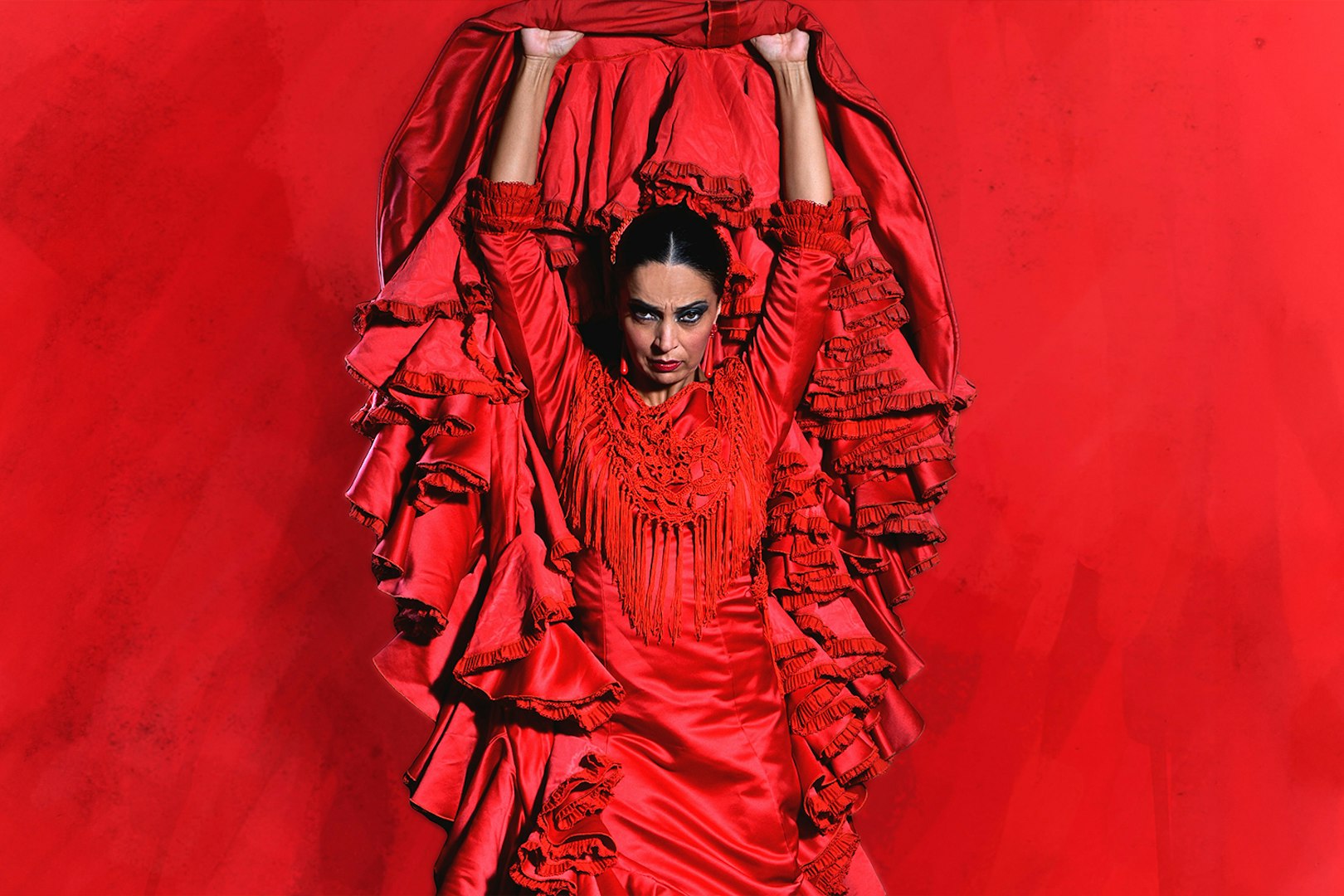 Flamenco dancer in red dress performing at Teatro Flamenco Granada.
