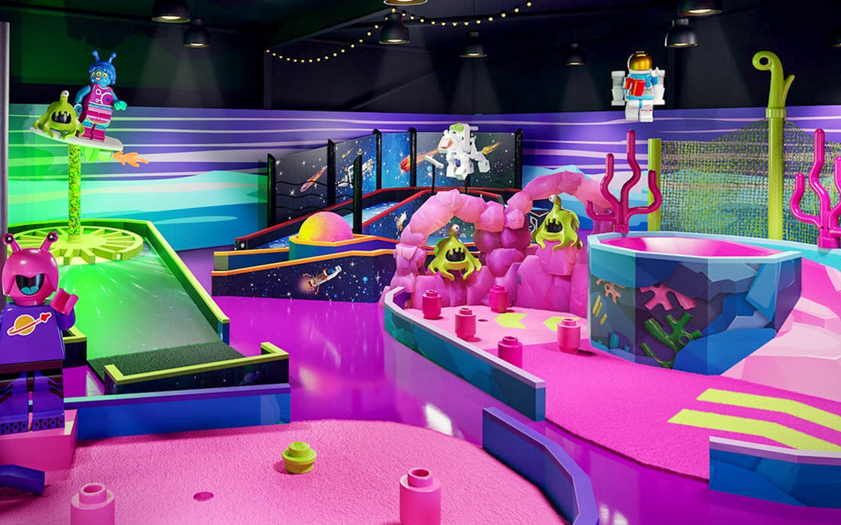 Adventure golf course with space-themed LEGO figures at Legoland.
