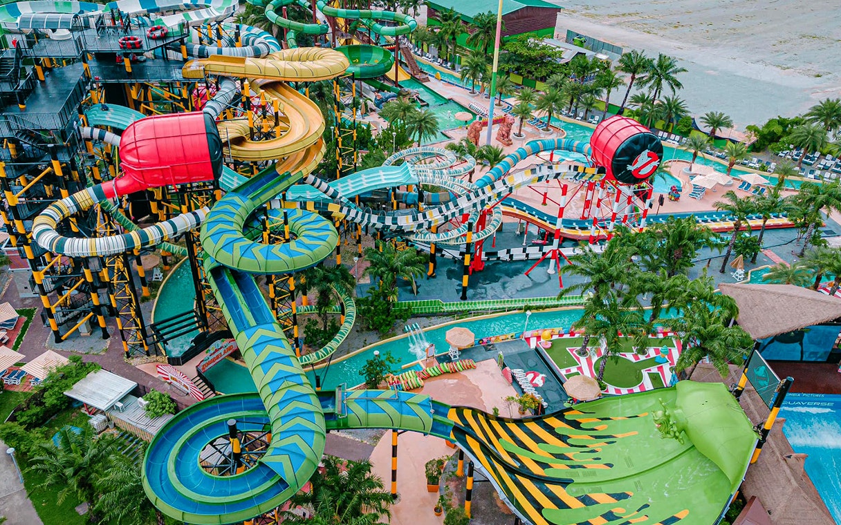 Water slides and attractions at Columbia Pictures Aquaverse in Pattaya, Thailand.