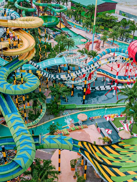 Water slides and attractions at Columbia Pictures Aquaverse in Pattaya, Thailand.