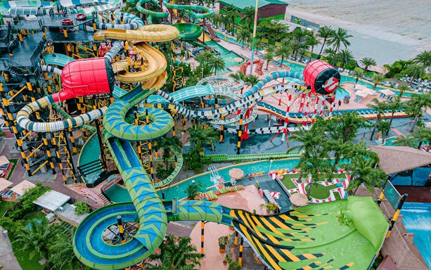 Water slides and attractions at Columbia Pictures Aquaverse in Pattaya, Thailand.