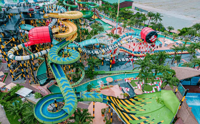 Water slides and attractions at Columbia Pictures Aquaverse in Pattaya, Thailand.