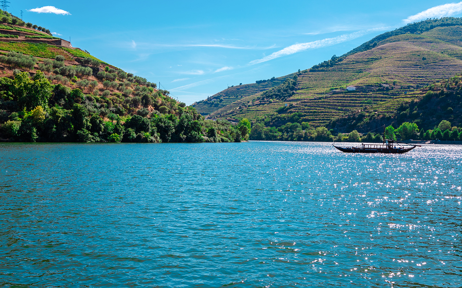 Boat on Douro River with terraced vineyards in Portugal.