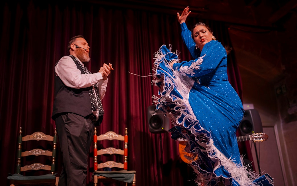 Flamenco dancer performing at Palau Dalmases show in Barcelona.