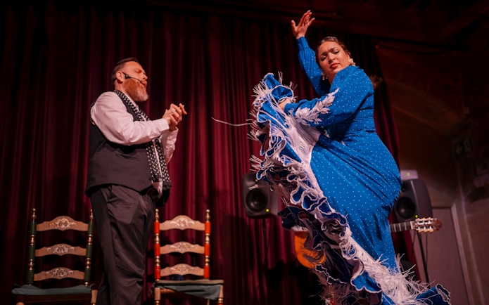 Flamenco dancer performing at Palau Dalmases show in Barcelona.