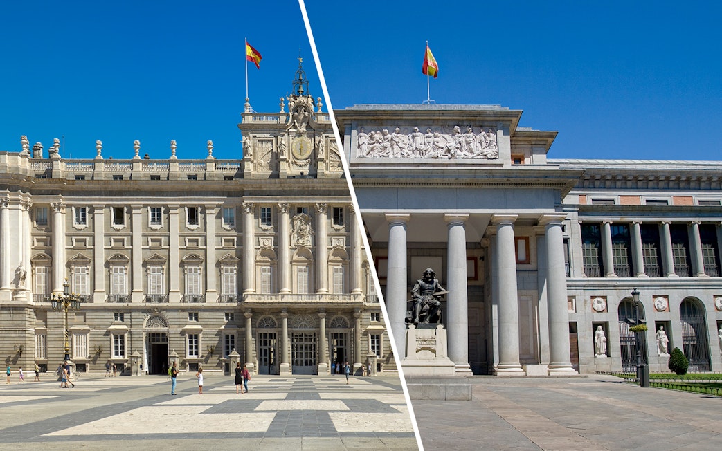 Royal Palace and Prado Museum entrance in Madrid, Spain.