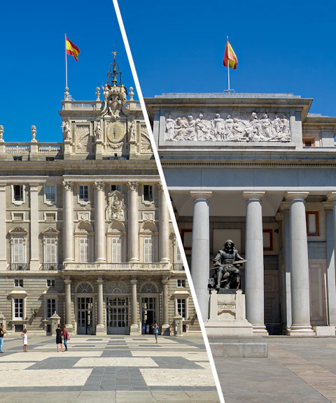 Royal Palace and Prado Museum entrance in Madrid, Spain.