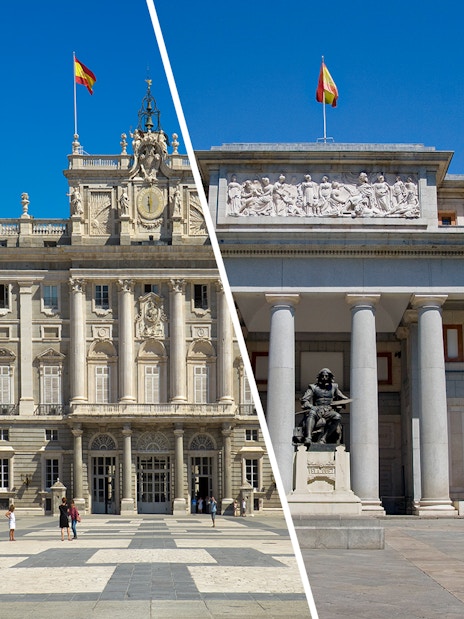 Royal Palace and Prado Museum entrance in Madrid, Spain.