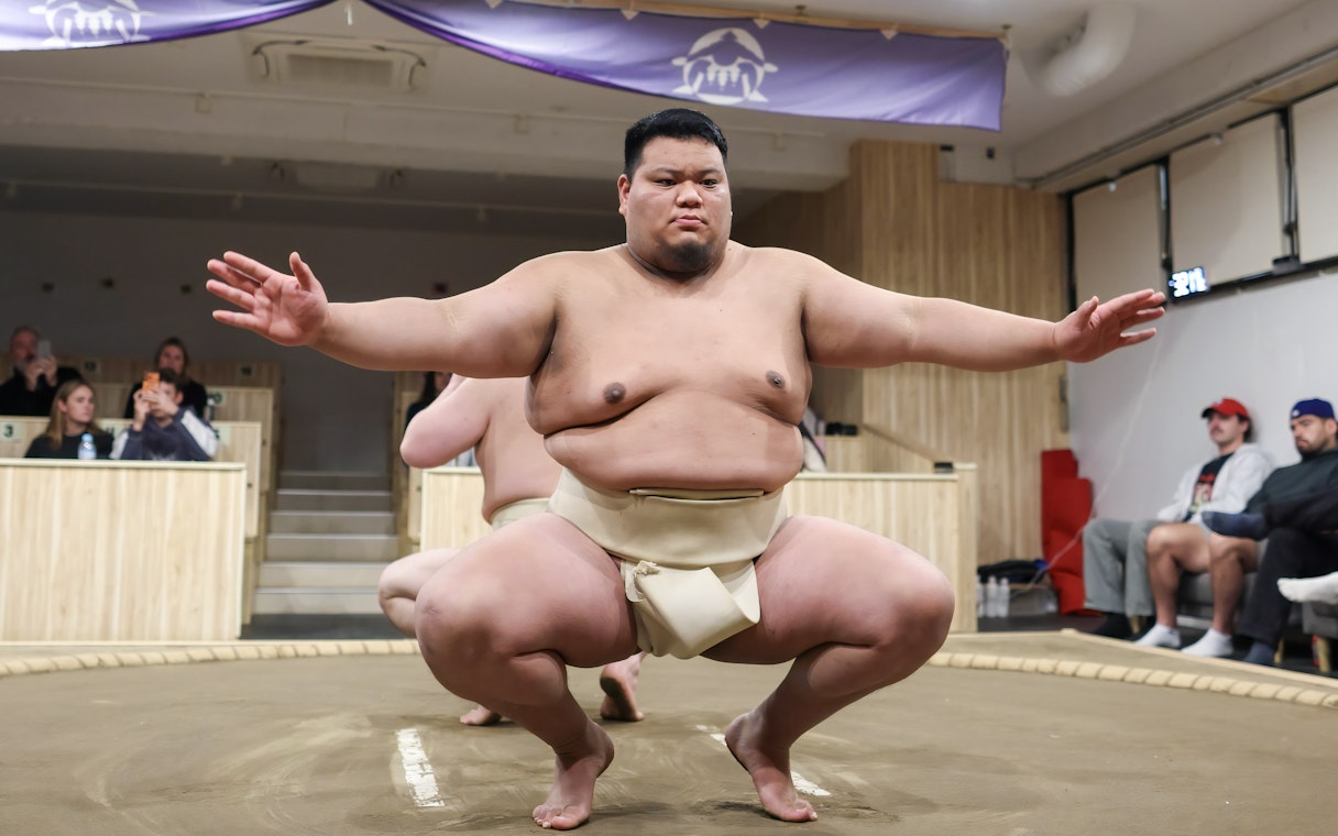 Sumo wrestler crouches in preparation for a match in a Tokyo arena.