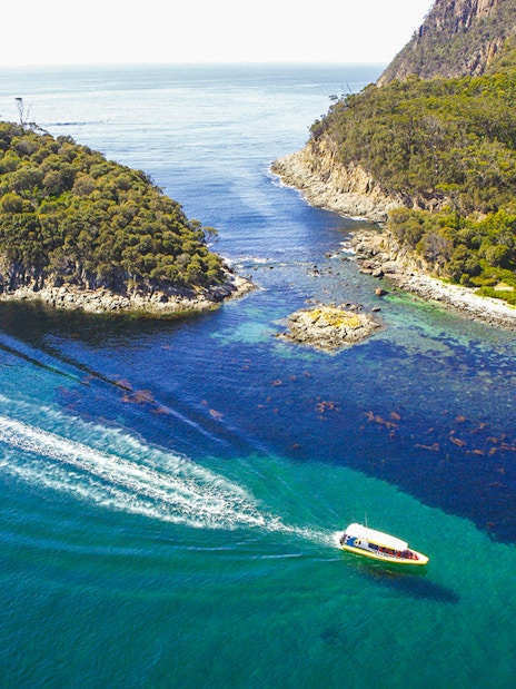 Boat cruising between lush islands on Bruny Island Wilderness Cruise, Tasmania.