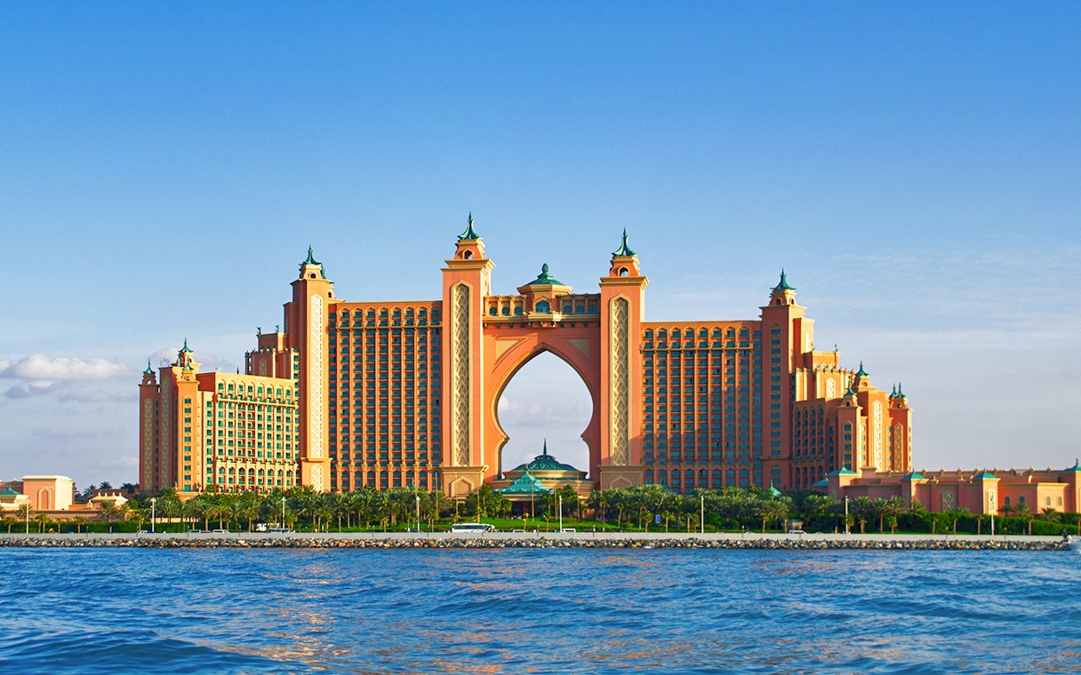 Atlantis Hotel view from the water during Black Boats Tours in Dubai.