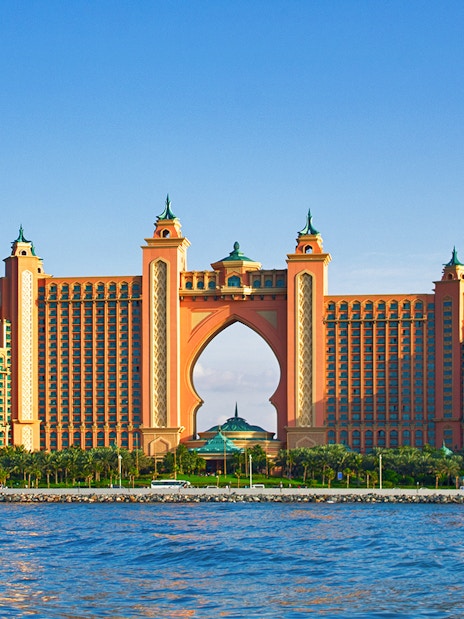 Atlantis Hotel view from the water during Black Boats Tours in Dubai.