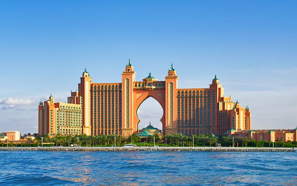 Atlantis Hotel view from the water during Black Boats Tours in Dubai.