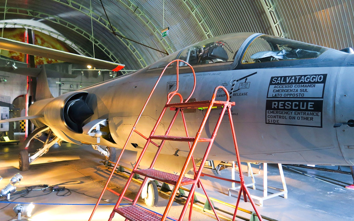 Jet aircraft exhibit inside Polish Museum of Aviation, Krakow.