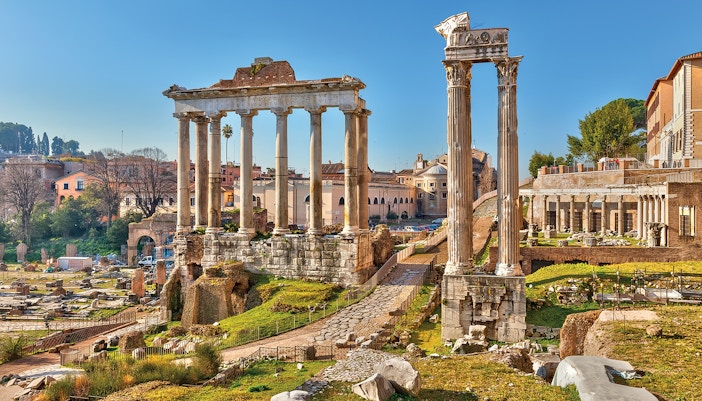 Ruins of ancient columns at the Roman Forum in Rome, Italy.