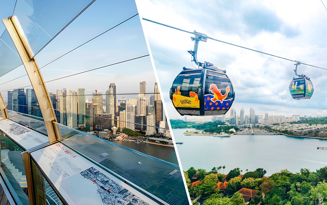 Marina Bay Sands SkyPark view of Singapore skyline and cable cars over waterfront.
