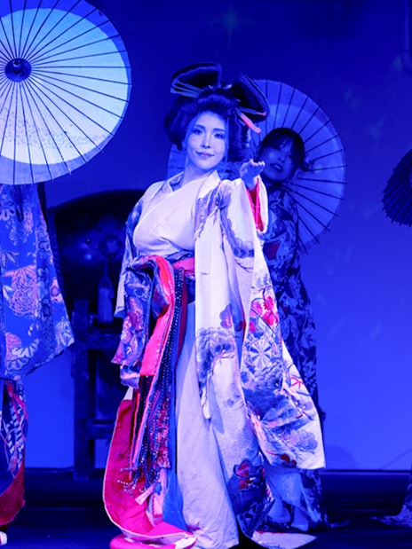 Dancers in kimonos with parasols at Tokyo Tower's Traditional Japan Festival Dance Show.