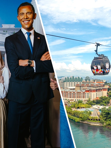Visitors with Obama wax figure at Madame Tussauds Singapore.