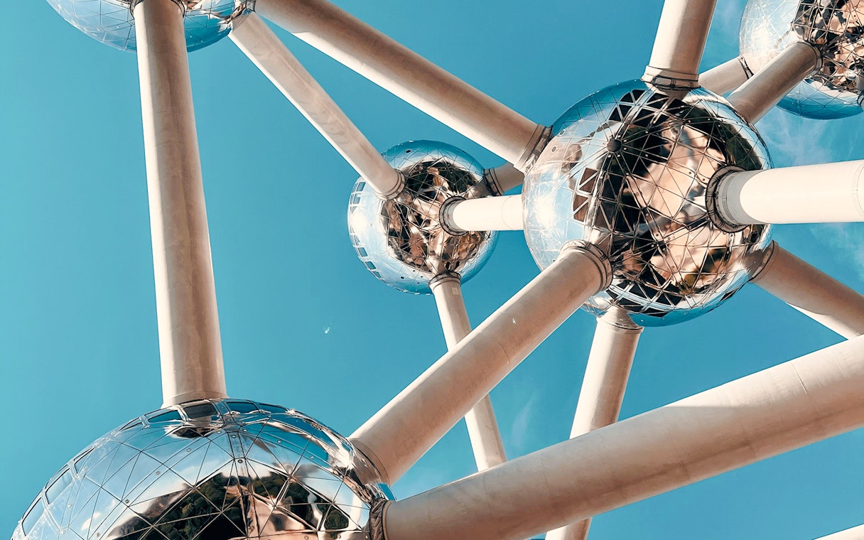 Closeup view of the Atomium's steel spheres and connecting tubes in Brussels.
