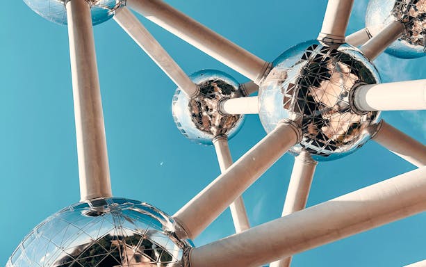 Closeup view of the Atomium's steel spheres and connecting tubes in Brussels.
