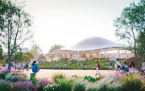 Futuristic pavilion at Expo 2025 Osaka, Kansai with visitors exploring the site.