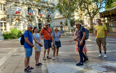 Tour group with guide in front of Popes' Palace, Avignon.