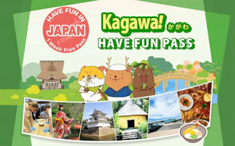 Kagawa Have Fun Pass with cartoon characters, traditional Japanese activities, and local landmarks.