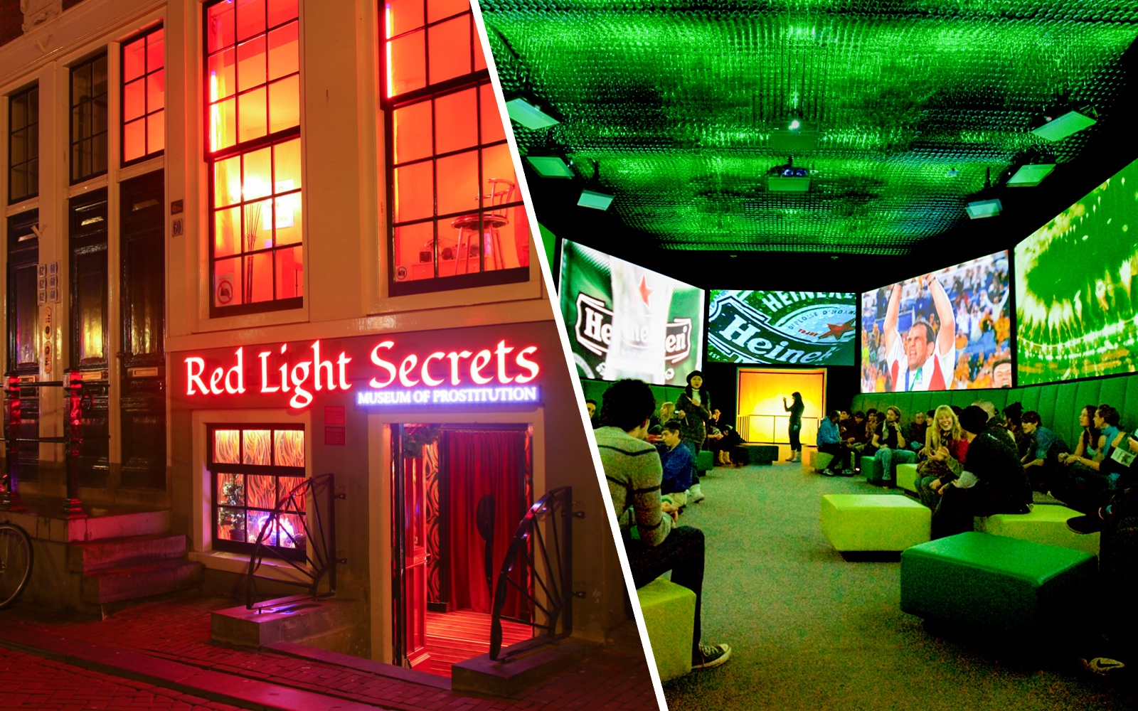 Red Light Secrets Museum entrance and Heineken Experience tour room in Amsterdam.