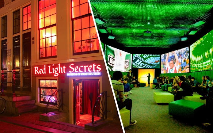 Red Light Secrets Museum entrance and Heineken Experience tour room in Amsterdam.