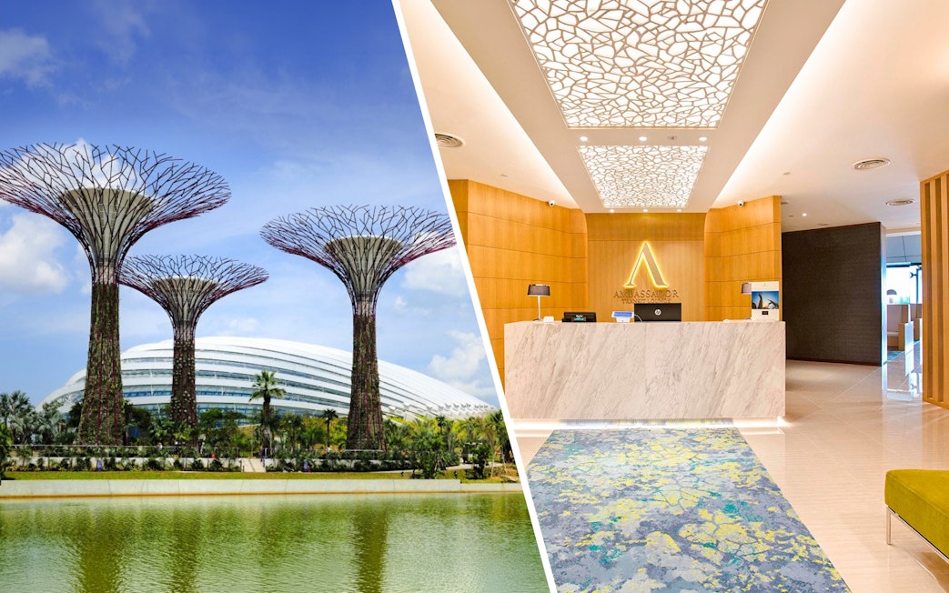 Ambassador Transit Lounge reception at Changi Airport, Singapore with Supertree Grove view.