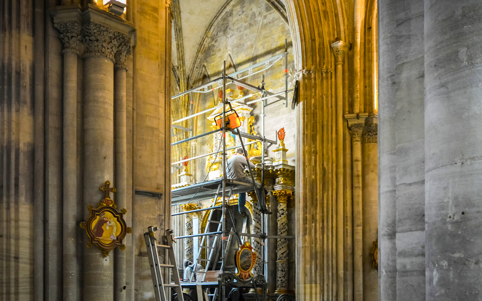 Notre Dame Cathedral restoration work with scaffolding in Paris, France.