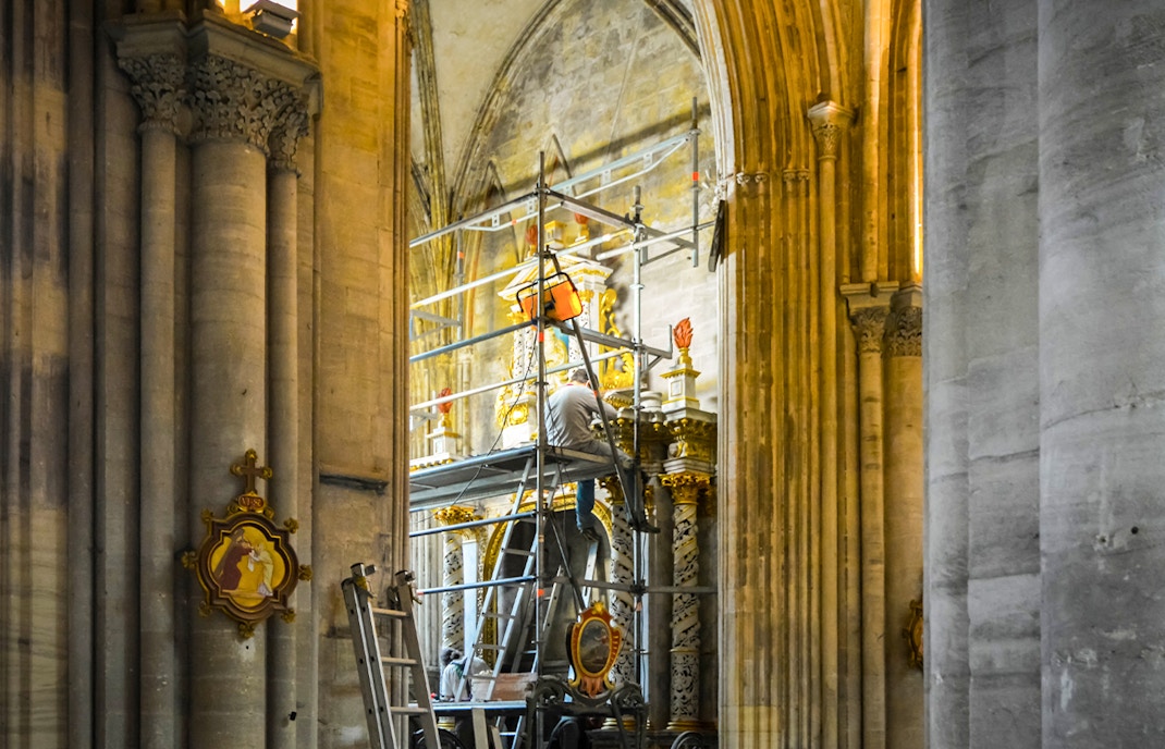 Notre Dame Cathedral restoration work with scaffolding in Paris, France.