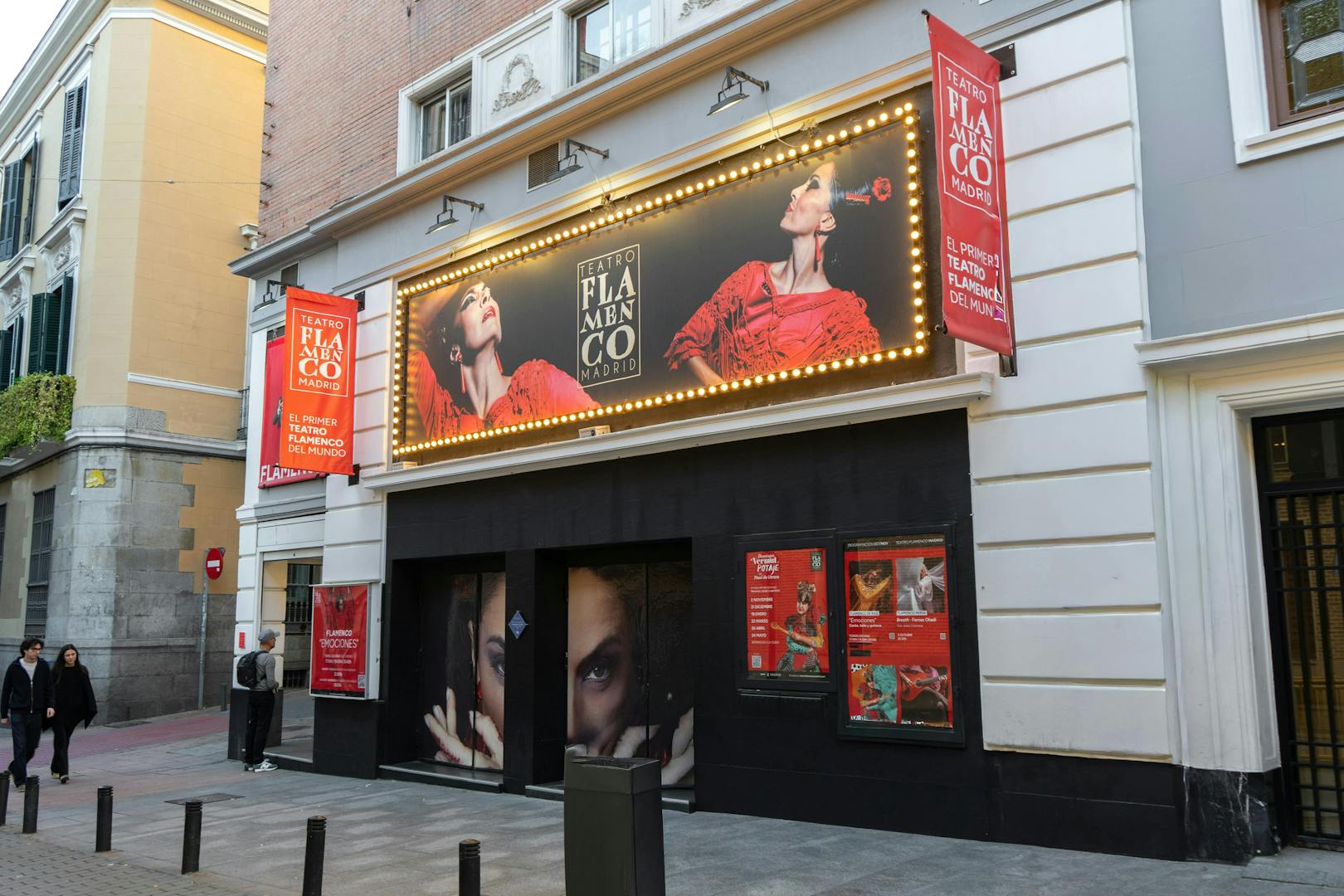 Teatro Flamenco Madrid exterior with promotional posters and signage.